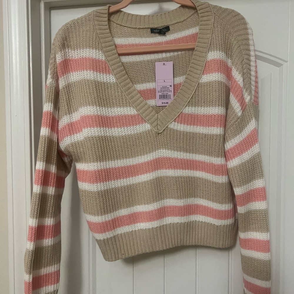 Wild Fable Pink and White V-Neck Sweater
